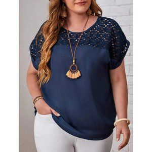 Emery Rose Navy Crochet Yoke Blouse - Size 4XL